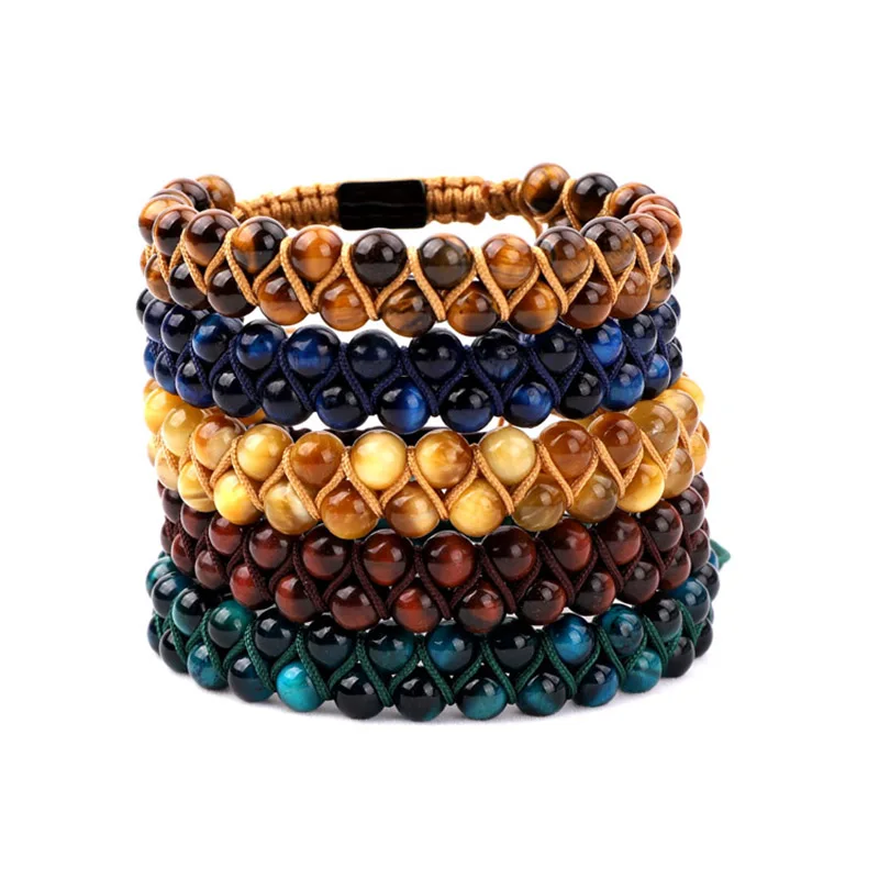 

High Quality 6mm A Grade Tiger Eye Stone Beads Double Layer Link Cord Bracelet Adjustable Woven Wrap for Women Men