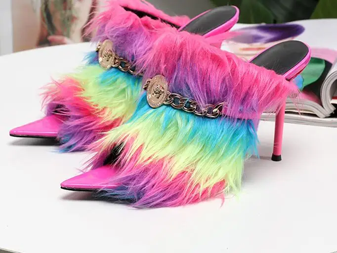 

BONJEAN Fashion Pointed Toe High Heel Shoes Unique Style Rainbow Fur Decorations Sexy Sandals Women Thin Heels Sexy Shoes