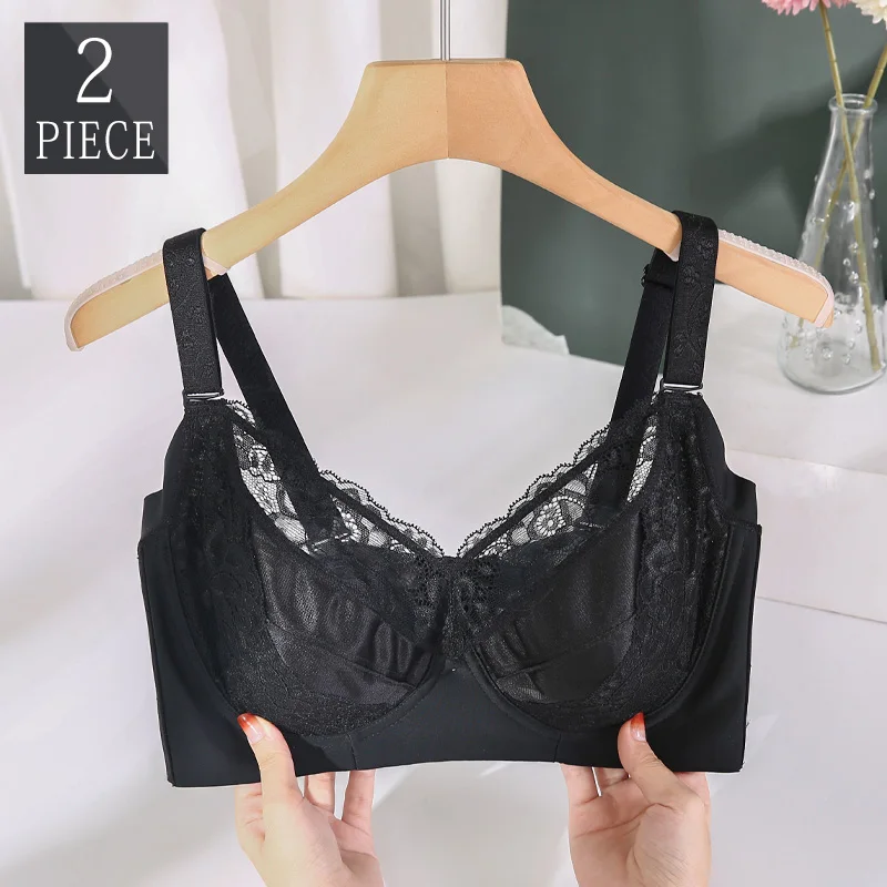 2 Piece Sexy Fox Gathered Women's Bra See Through Minimizer Lace Bralette With Underwire Full Cup 34 36 38 40 42 44 46 48