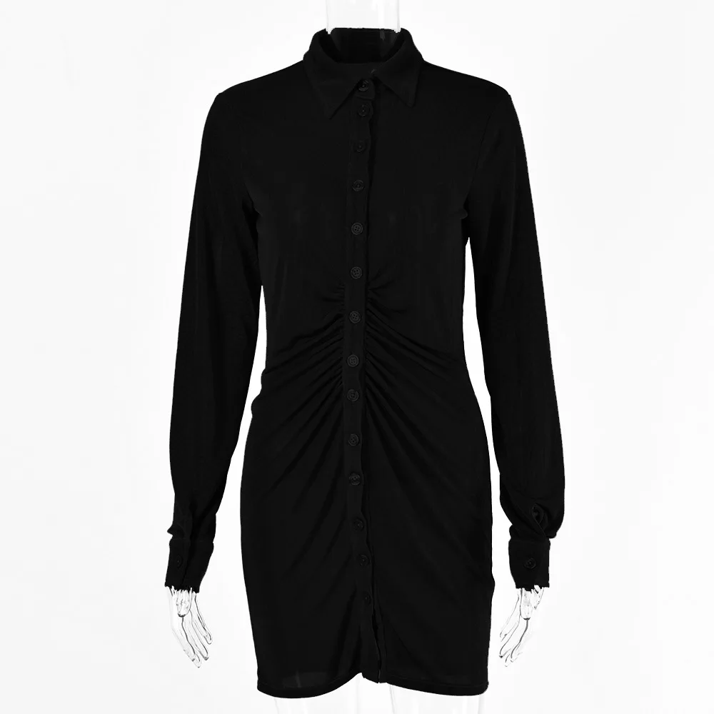 

Pleated Turn-Down Collar Button Blouse Dress Women Sexy Long Sleeve Mini Dresses Solid Streetwear Female Shirt Vestido Polyester