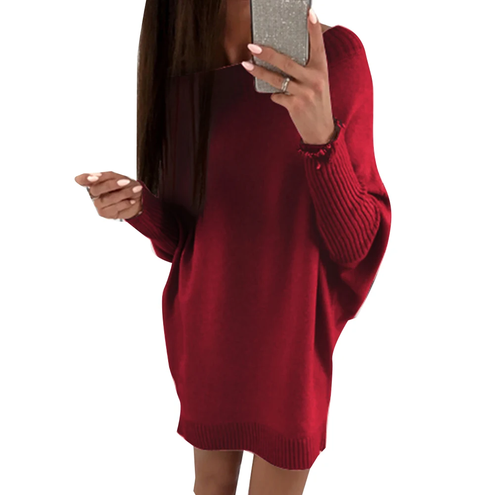 Women Autumn Winter Long Sleeve Boat Neck Plus Size Loose Sweater Mini Dress | Женская одежда