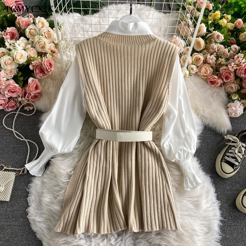 

2021 Korean Spring Autumn Women Split Knitted Pullovers Vest + White Blouse Casual Chic Belt Suit 2 Piece Set Conjuntos Mujer