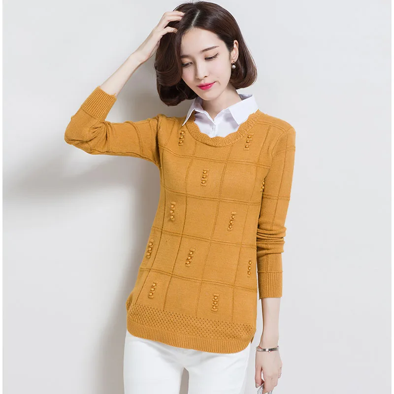 Autumn Winter Knitted Sweater Women Fashion Shirt Collar Fake Two Pieces Medium Length Pullovers Female Tops W1844 | Женская одежда