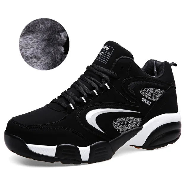 Plush Black White Зимняя спортивная обувь для мужчин и женщин, теплые осенние кроссовки с хлопковой подкладкой, Мужская прогулочная спортивная обувь, большие размеры 36-48 - Цвет: Plush Black White