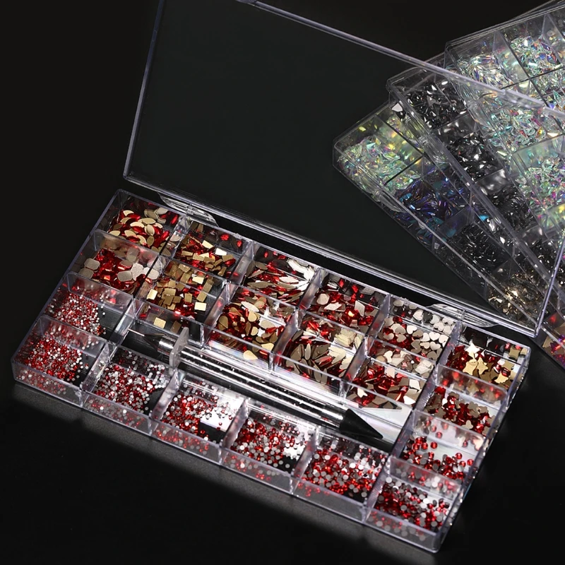 

094E 21 Grids Professional Nail Crystal Kit Multi Shapes Flat Back Rhinestone Nail Art DIY Art Accessories with a Storage Box