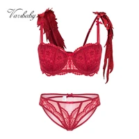 varsbaby new sexy lace floral half cup thin gathered underwear exquisite embroidery wings shoulder strap bra set for women