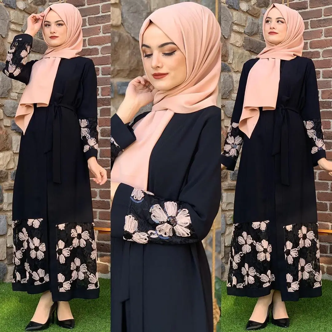 

New Goods Muslim Women Long Dress Coat Arabian Robe Color Matching with Belt Long Cardigan