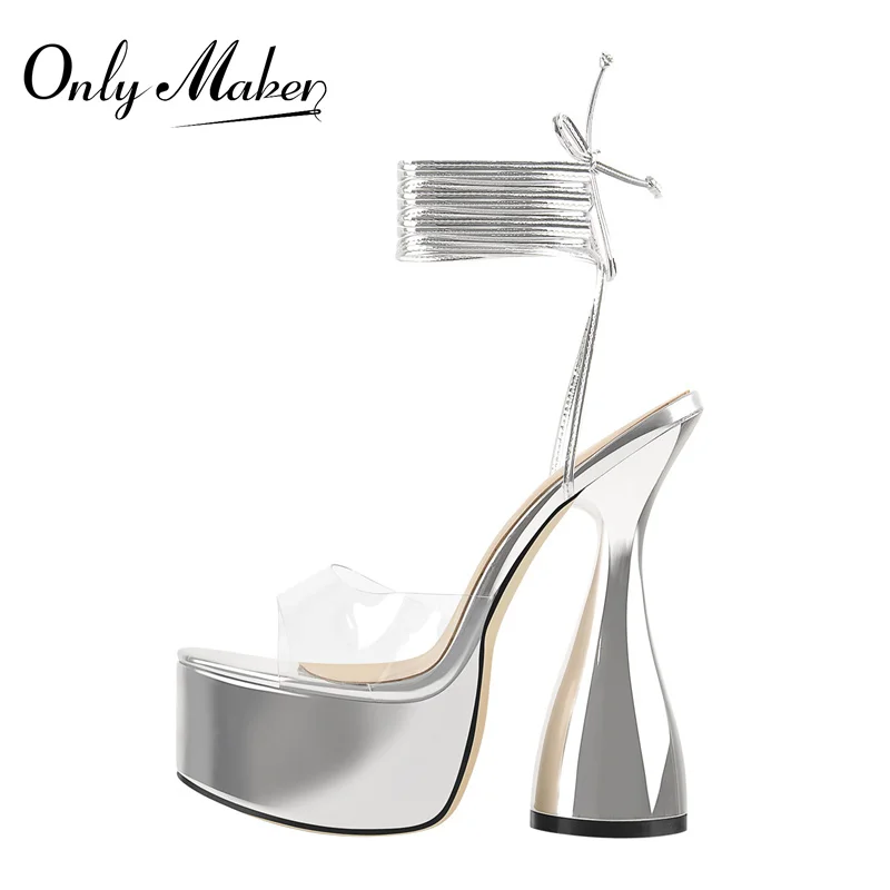 

Onlymaker Women's Summer Platform Ankle Strap Spike Heels Sandals Silver Patent Leather PVC Female Big Size Sandals