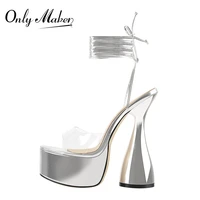 onlymaker womens summer platform ankle strap spike heels sandals silver patent leather pvc female big size sandals