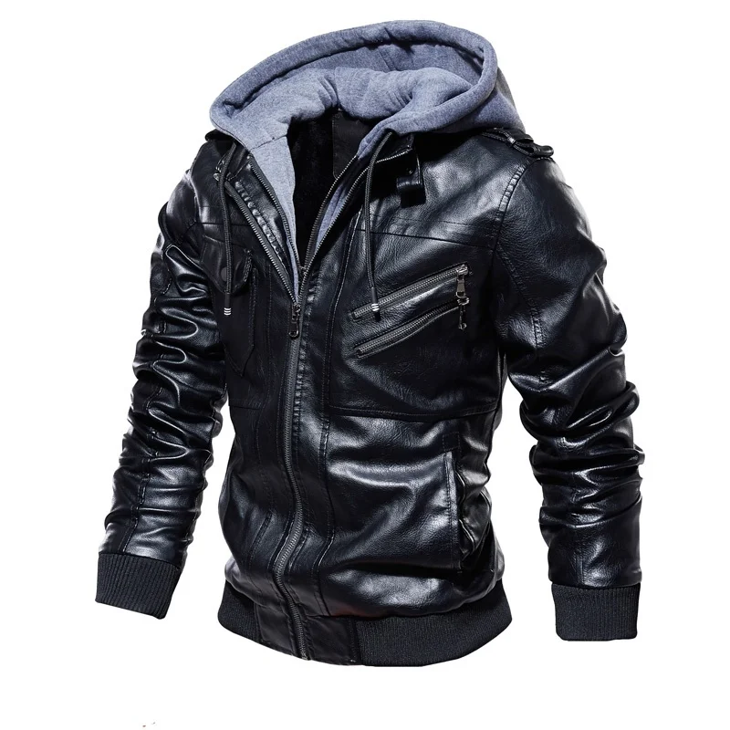 

Classical Motorcycle Leather Jackets Men's Spring Autumn Hooded Coat Jacket Slim Youth Punk Coats Zipper Leather Coat