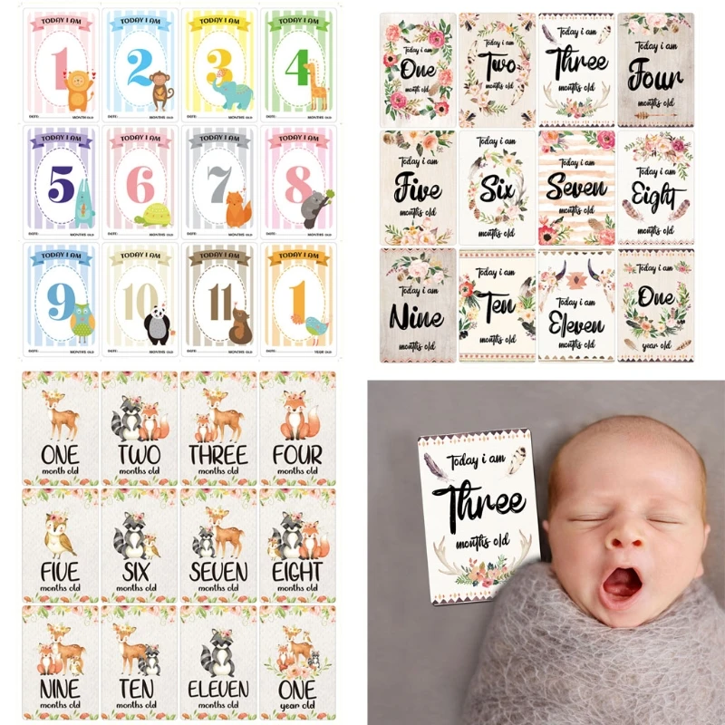 12 hojas de tarjetas de hitos mensuales para beb&eacute;, tarjetas de momento de utiler&iacute;a de fotos de nacimiento a 12 meses-0