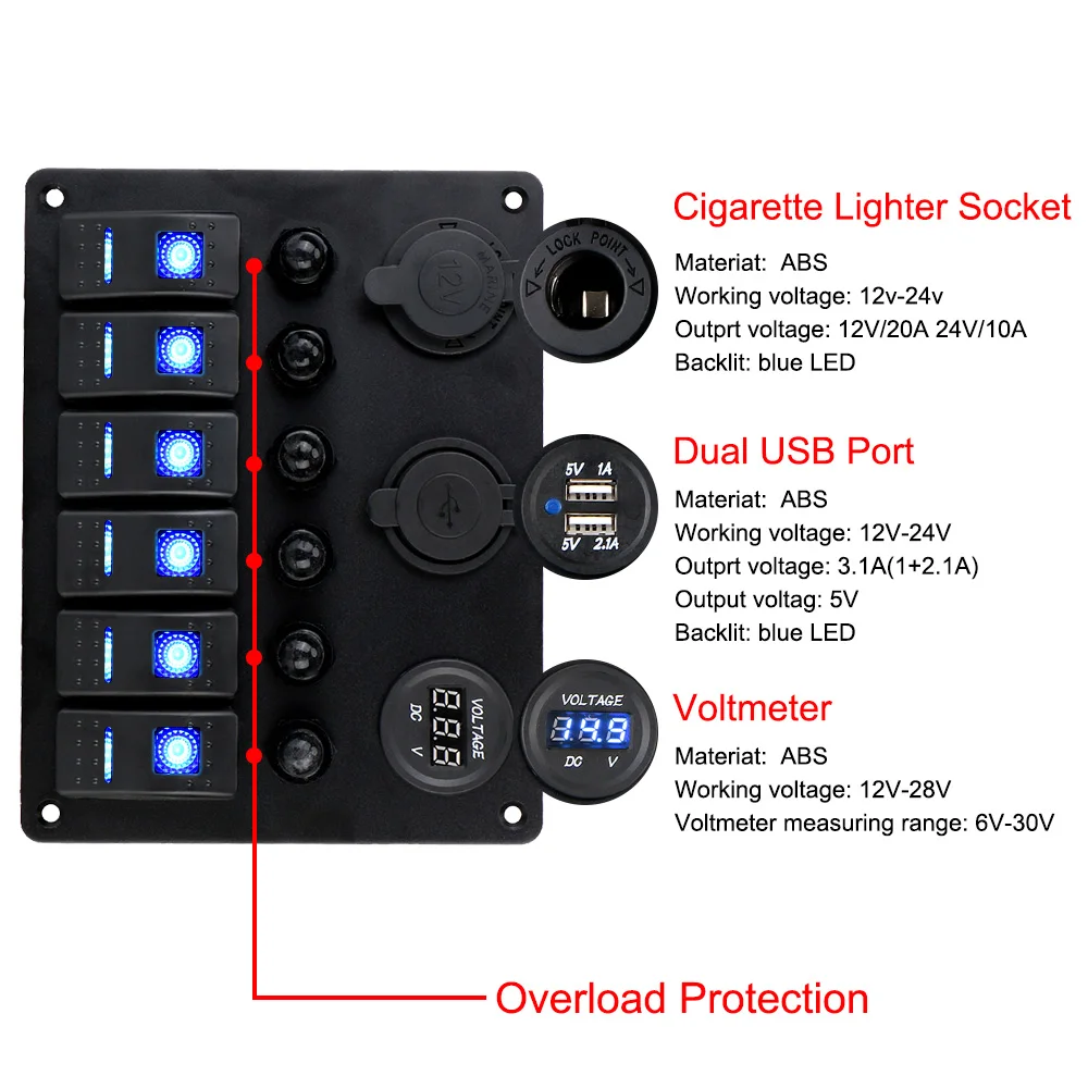 LEEPEE Алюминий Панель AC/DC 12V/24V 6 банда кулисный переключатель морской катер