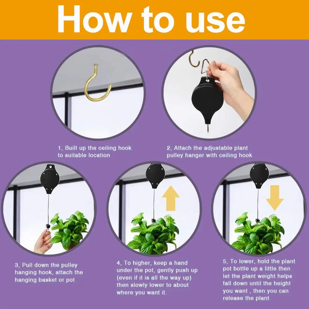 

Retractable Plant Pulley Adjustable Hanging Flower Basket Hook Hanger for Garden Plants Baskets Pots Indoor Outdoor Decoration