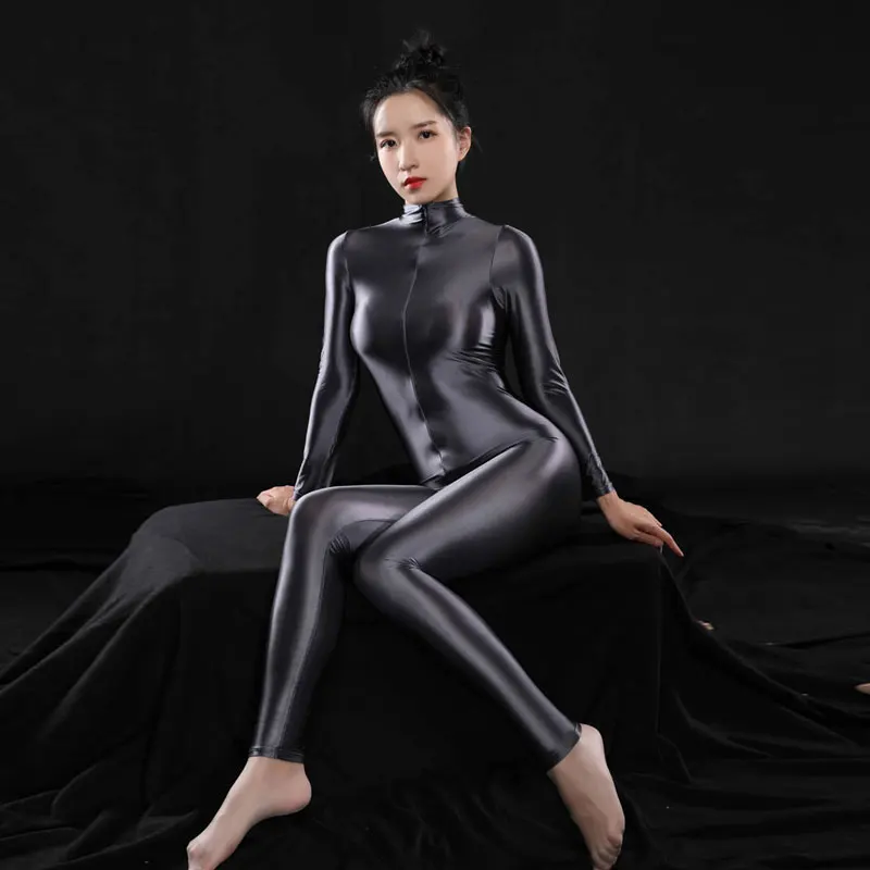

Sexy Full Body Women Bodysuit High Elasitc Clubwear Sheer Smooth Jumpsuit Pants Oil Gloosy Sexy Tight Shaping Candy Color F37