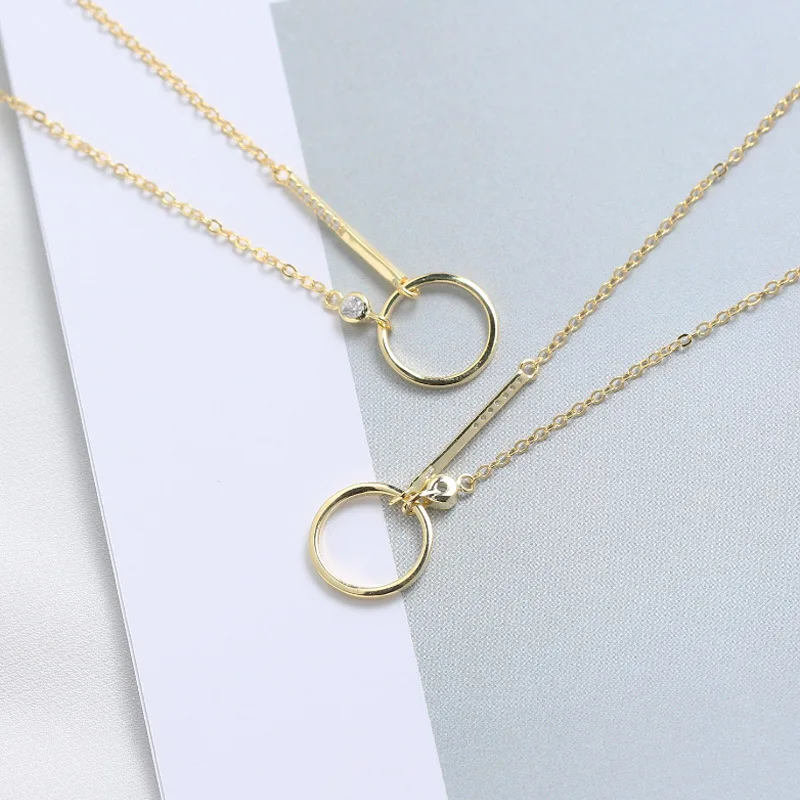 

Korean Gold Color Plated S925 Sterling Silver Simple Geometry Round Pendant Set With Diamond Zircon Collarbone Chain Necklace