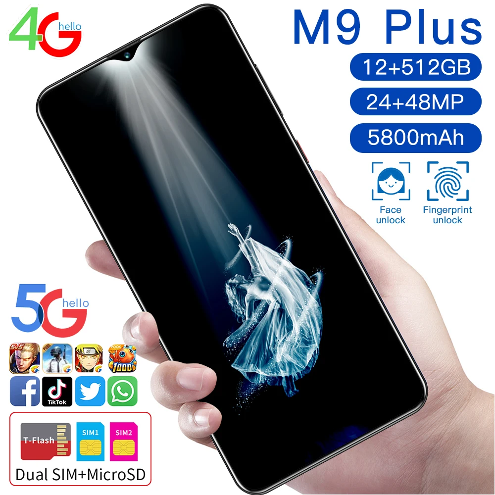 

Newest 7.0 Inch 4800mAh M9 plus Global Version HUAWE 12GB 512GB Smartphone 4k HD Screen Deca Core Dual Sim Card Mobile Phone