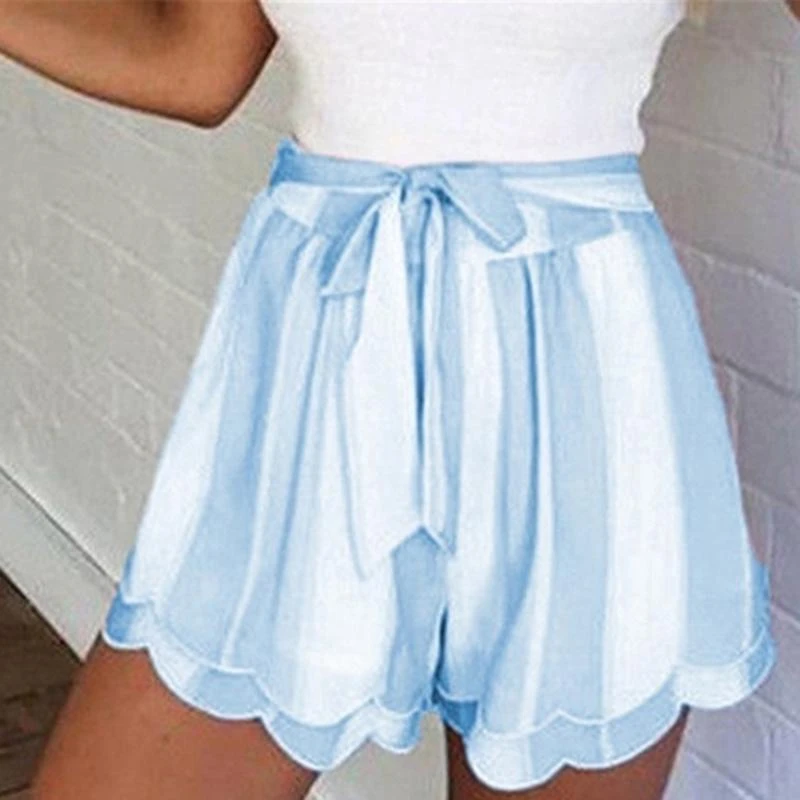 

New HOT Short Women Stripe Printing Ruffle High Waist Bandage Easy Elastic Casual Short Pants Short Feminino Spodenki Damskie