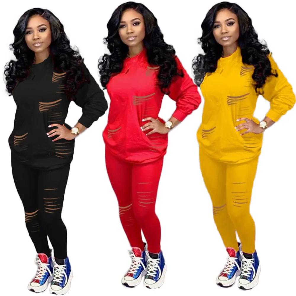 

Solid Sport Burn Out Fashion Two Piece Sets Long Sleeve Hollow Out Top Leggings Women Casual Outfits Plus Size Hot Sale Suits