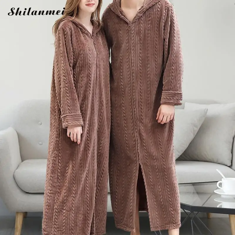 

Симпатичный зимний халат в парном стиле, роскошный фланелевый Халат с капюшоном, повседневный теплый флисовый халат для женщин и мужчин, но...