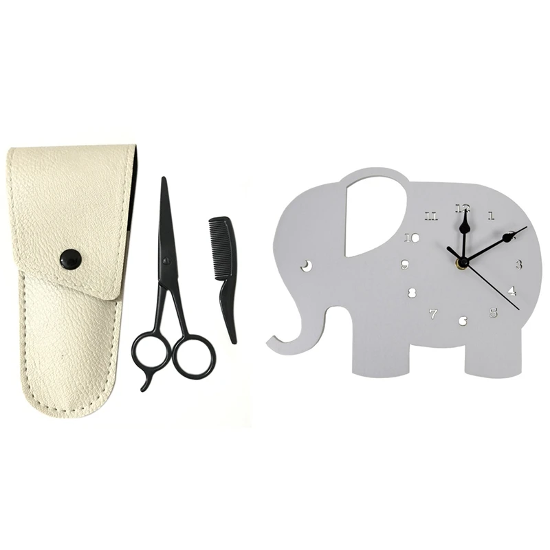 

1Set Mustache Scissors With Comb, Beard Grooming Kit & 1PC Mute Wooden Wall Clock Elephant Shaped