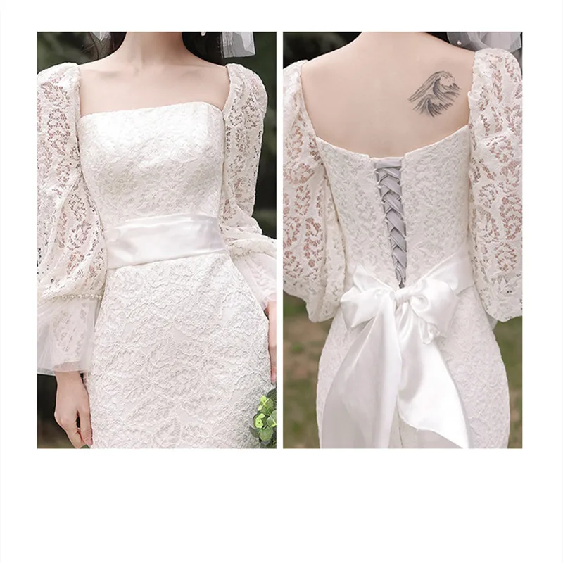 

KAUNISSINA Plus Size Wedding Dress Mermaid Lace Wedding Gowns Square Collar Long Sleeve Elegant Court Train Long Bridal Dresses