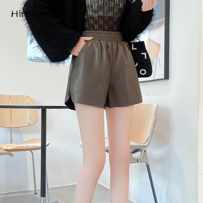 

Hirsionsan High Waist Elastic Shorts Women Pants Loose A-line Wide Leg Shorts Black Slim Casual Solid PU Leather Shorts Female
