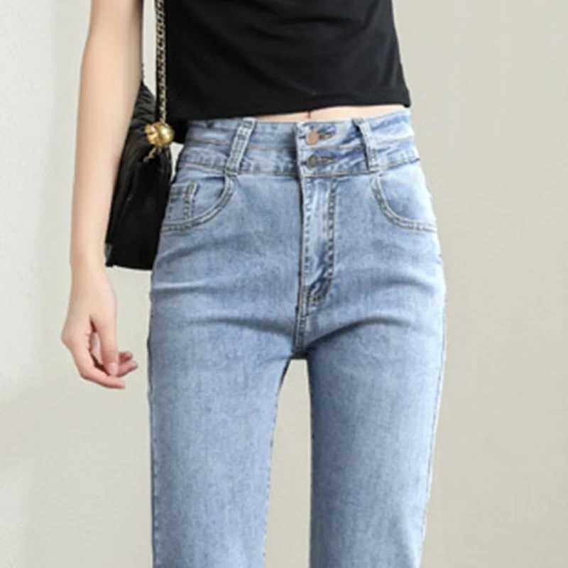 

2021 summer new dark jeans women's thin section fashion straight button decoration wild small high waist was thin