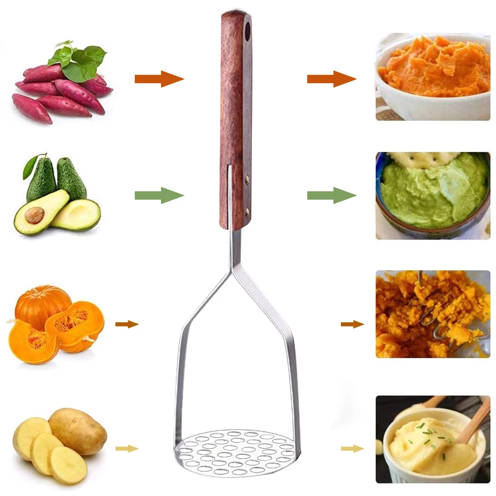 

Hot Heavy Duty Stainless Steel Potato Masher with Wooden Handle for Mashed Potato Creamy Mashed Potato Vegetable and Fruit