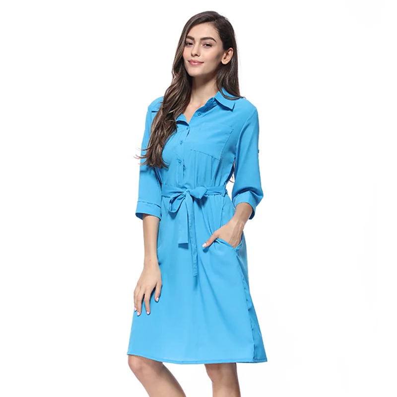 

Women Dress 2021 Spring Summer Women Clothing Casual Three Quarter Turn-down Collar Dresses for Women