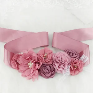 Pink White Blue Purple Fashion Flower Wedding Belts Pearl Bow Wedding Dress Belt Bridal Ribbon Sash 
