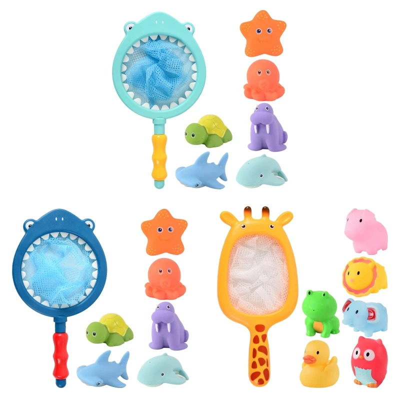 

7PCS Mini Colorful Soft Floating Rubber Press Sounding Animal Bath Toys Fishing Toys Net Bag Fishing