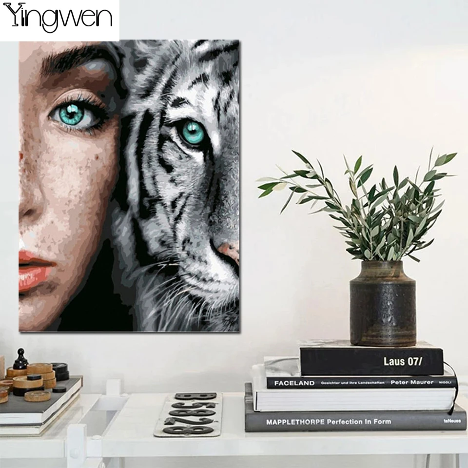 

5D Diamond Rhinestone Painting Art Woman White Tiger Cross Stitch Full Diamond Embroidery Portrait Mosaic Needlework Home Decor