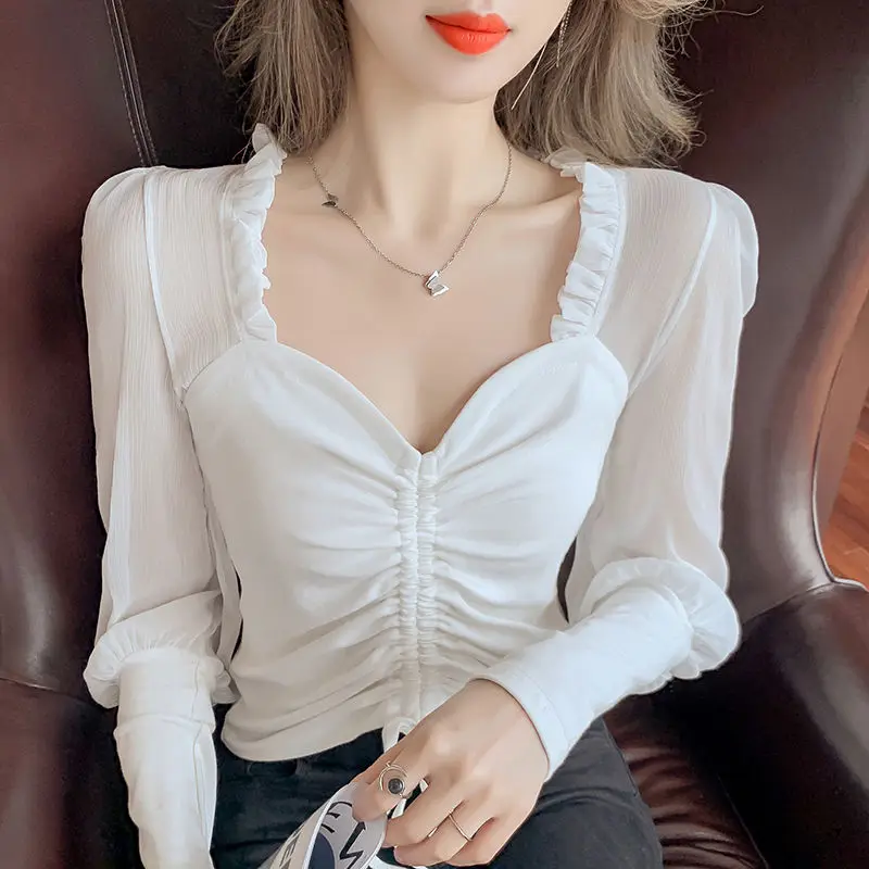 

Long Sleeve Squar Collar Hollow Out Flower Lace Patchwork Shirt Femme Blusas All-match Women Lace Blouse Button White Top