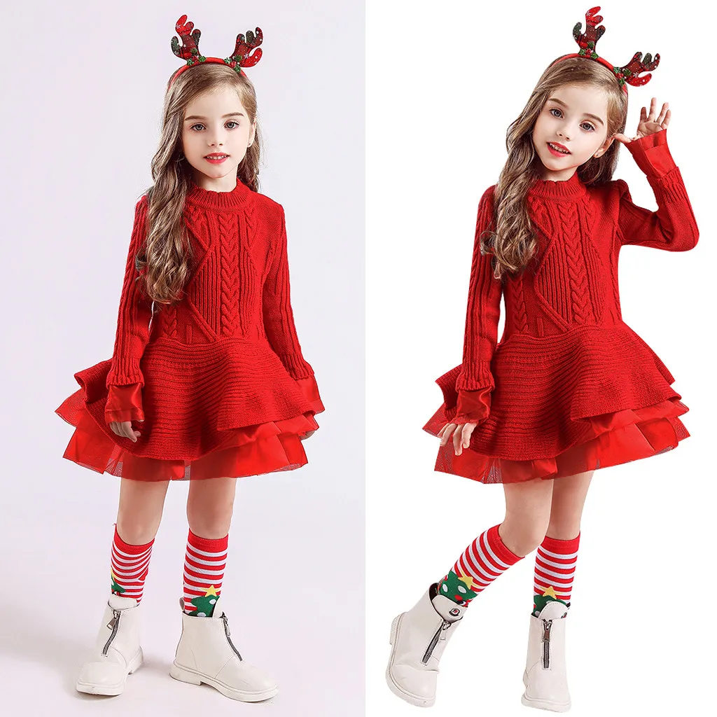Платье для маленьких девочек vestido Infantil Menina فساتين اطفال Детское платье Рождество однотонный теплый свитер вязаная крючком повязка на голову Z4