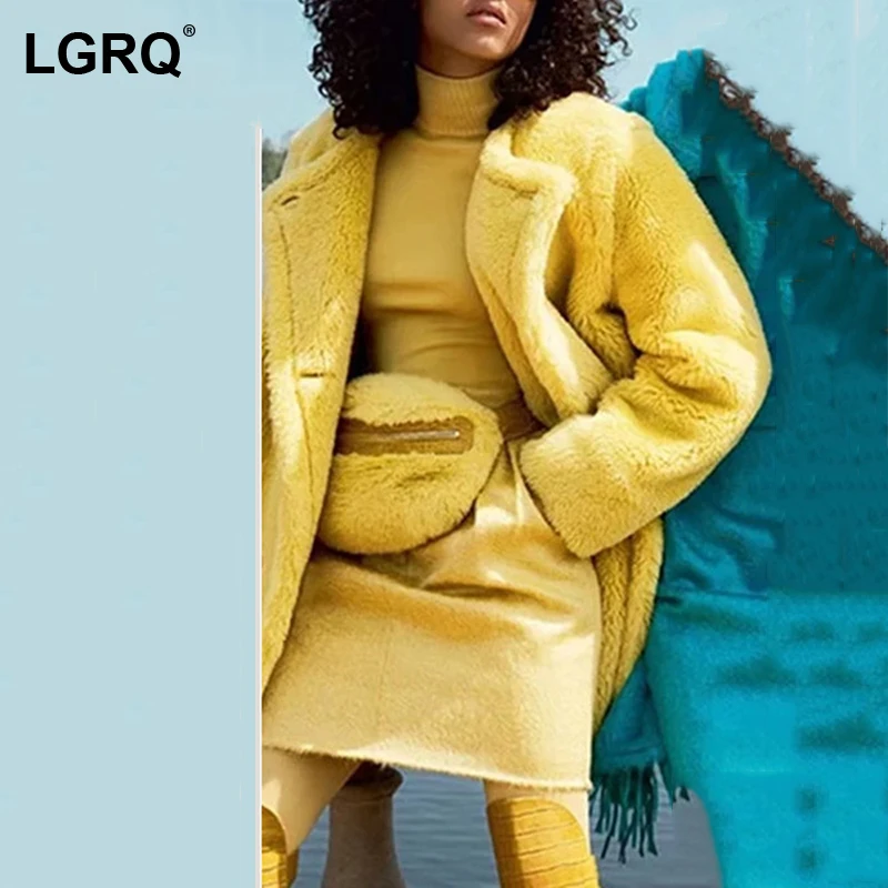 

[LGRQ] 2021 Autumn Winter Women New Fashion Long Sleeve Lapel Imitation Lamb Wool Two Button Warm Medium Length Coat 19D4431