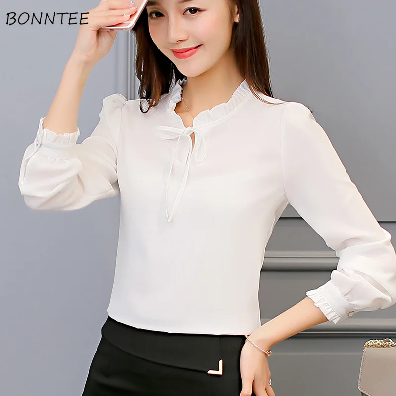 

Blouses Women 2020 Simple Trendy Solid Lovely Womens Chiffon Pullover Korean Style Loose Full Sleeve Females Blouse Chic Cute