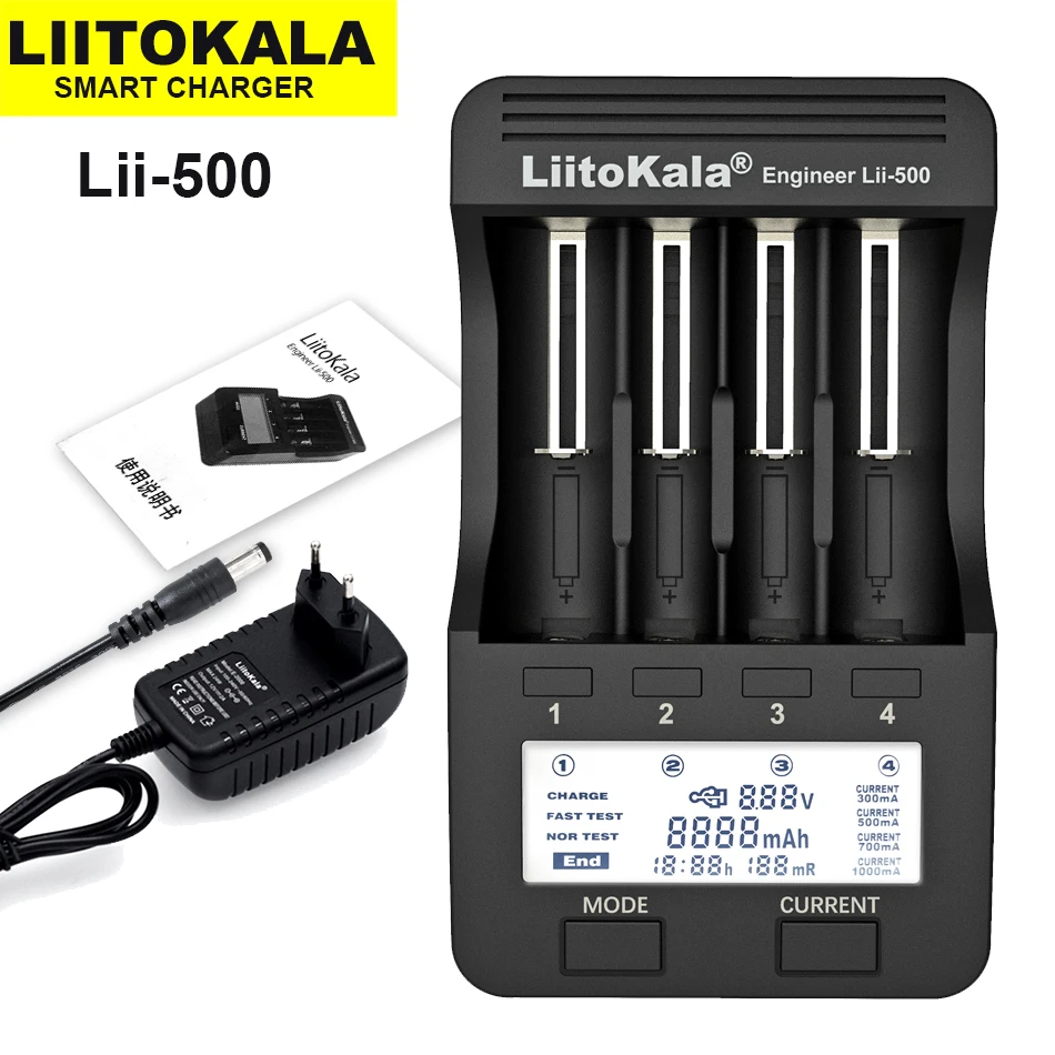 

LiitoKala lii500 LCD 3.7V/1.2V AA/AAA 18650/26650/16340/14500/10440/18500 Battery Charger with screen+12V 2A Adapter USB 5V1A
