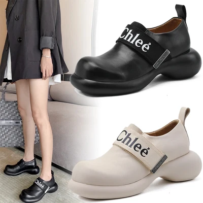 

New Spring Autumn Thick-soled Platform Shoes For Female Lettering Square-toe Height-increasing Solid Hook Loop Leisure Sneakers