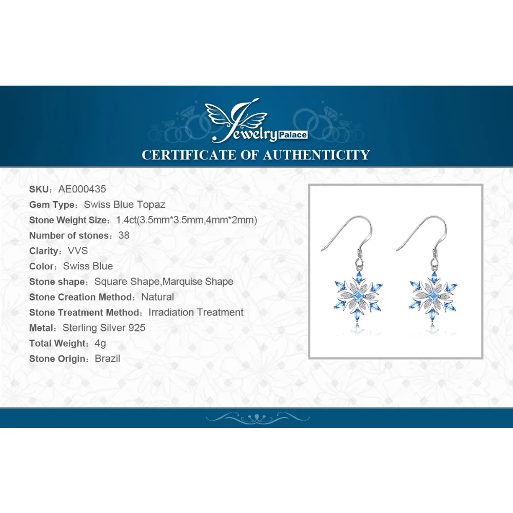 

JewelryPalace Snowflake Genuine Blue Topaz Drop Earrings 925 Sterling Silver Earrings Women Gemstones Earings Fashion Jewelry