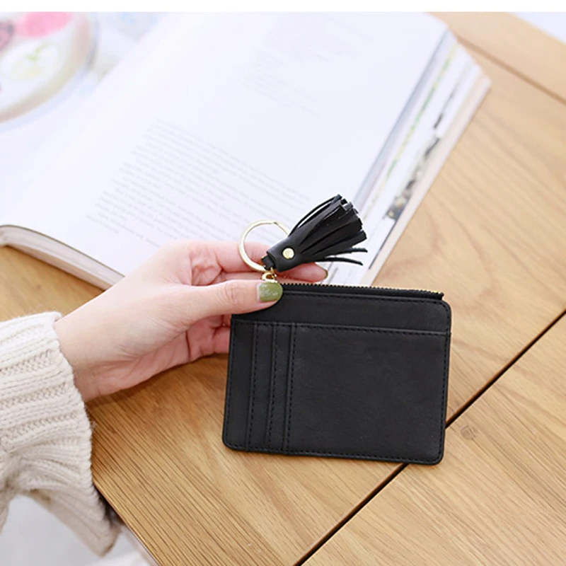 Matt Leather Mini Tassel Women Card Holder Cute Credit ID Card Holders Zipper Wallet Case Change Coin Purse Keychain Nubuck New