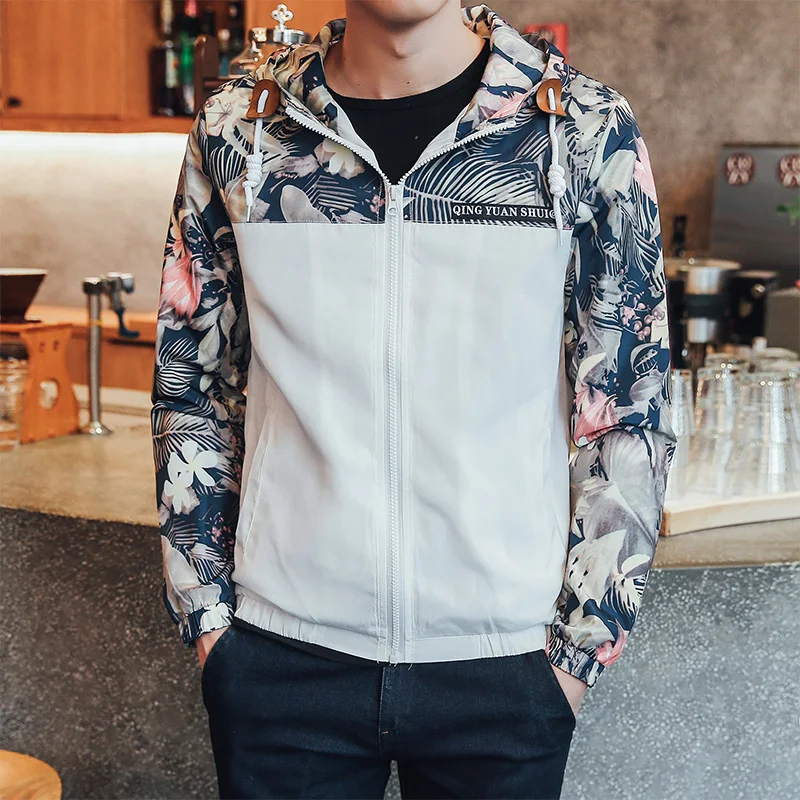 

Ветровка мужская с капюшоном, спортивная куртка-бомбер, Модная легкая Повседневная Верхняя одежда с цветами