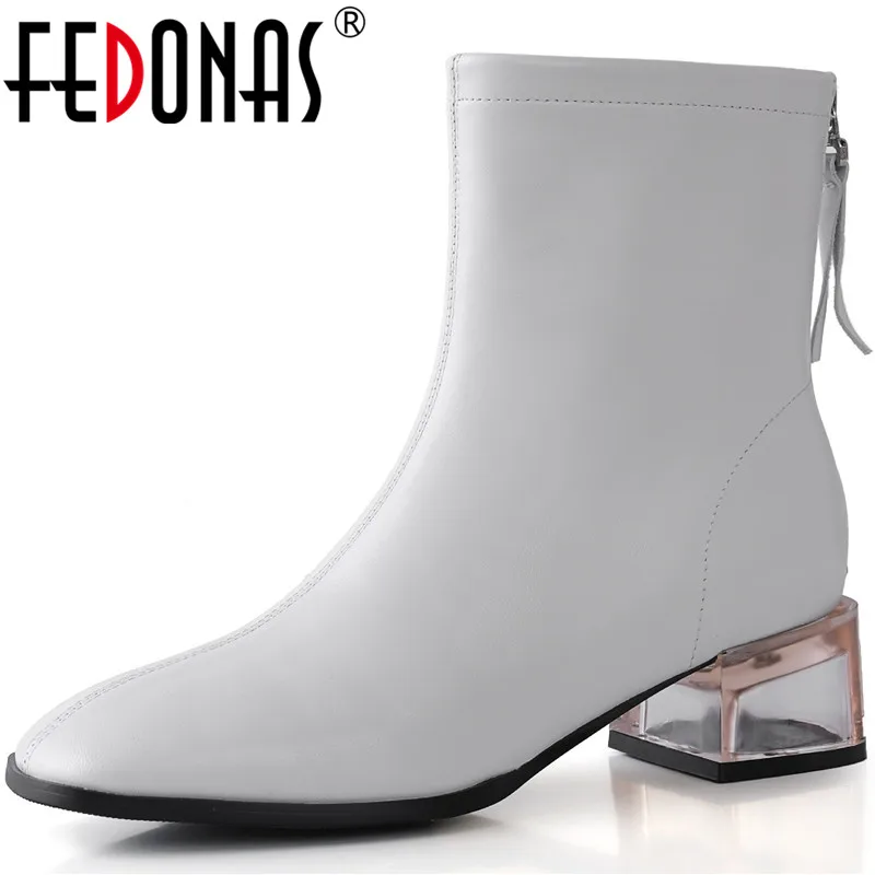 

FEDONAS Elegant Women Chelsea Boots Back Zipper Thick Heels Ankle Boots Genuine Leather Office Lady Party Shoes Woman Heels