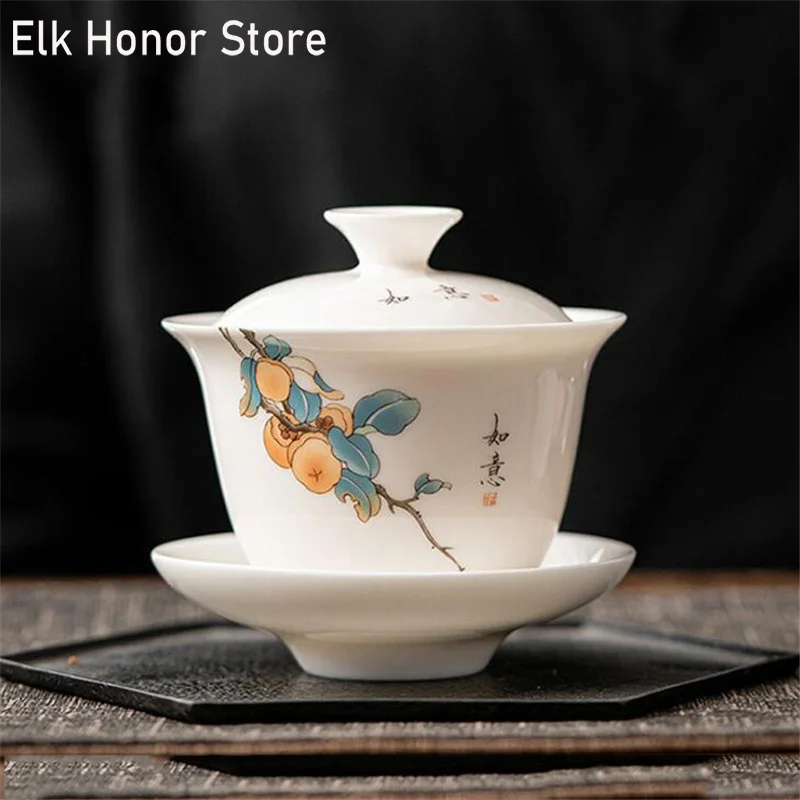 

180ML Dehua White China Gaiwan Persimmon Porcelain Tureen With Cup Saucer Coaster Covered Bowl With Lid Handpainted Cup Bowls
