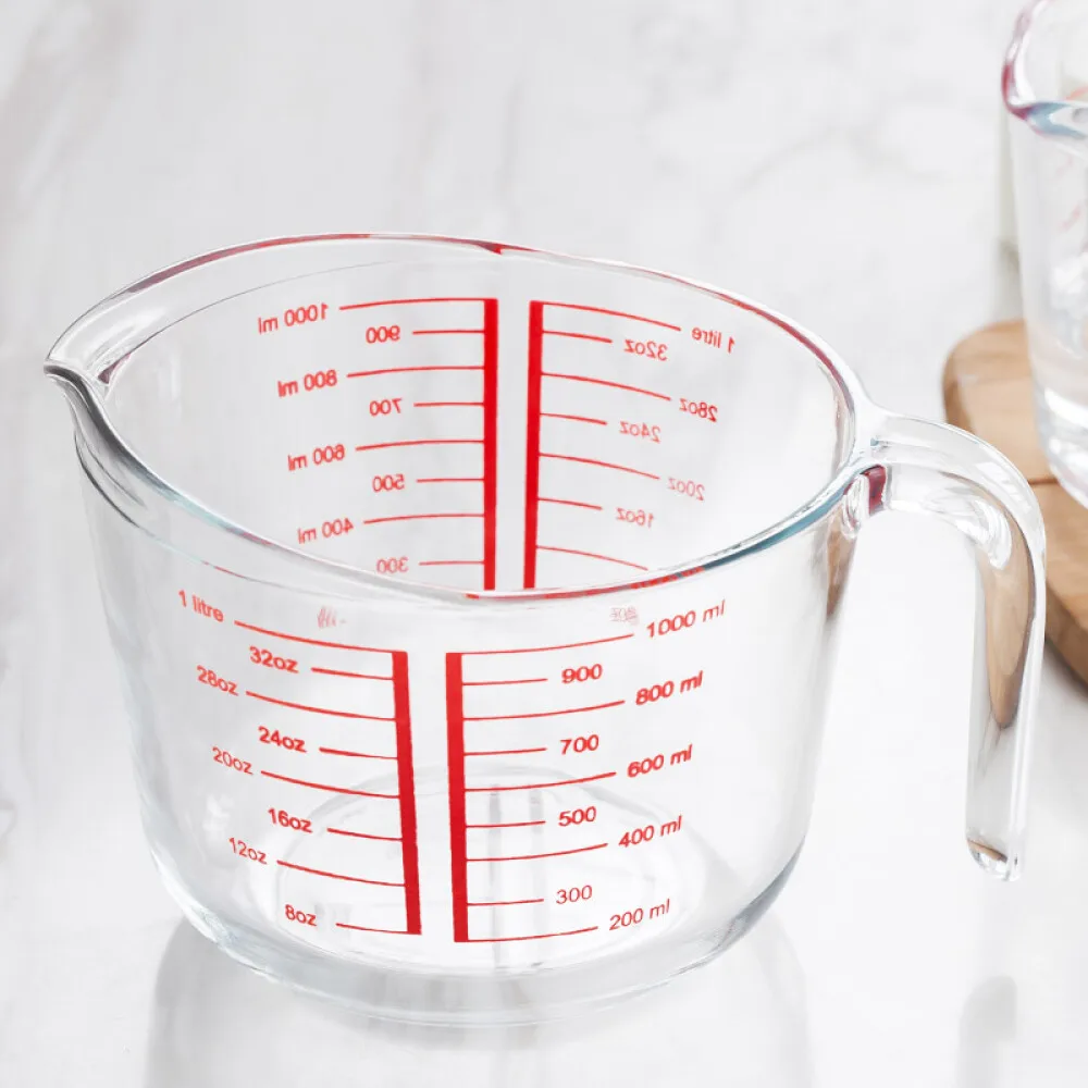 Прозрачная стеклянная измерительная чашка 1000 мл термостойкая кружка для