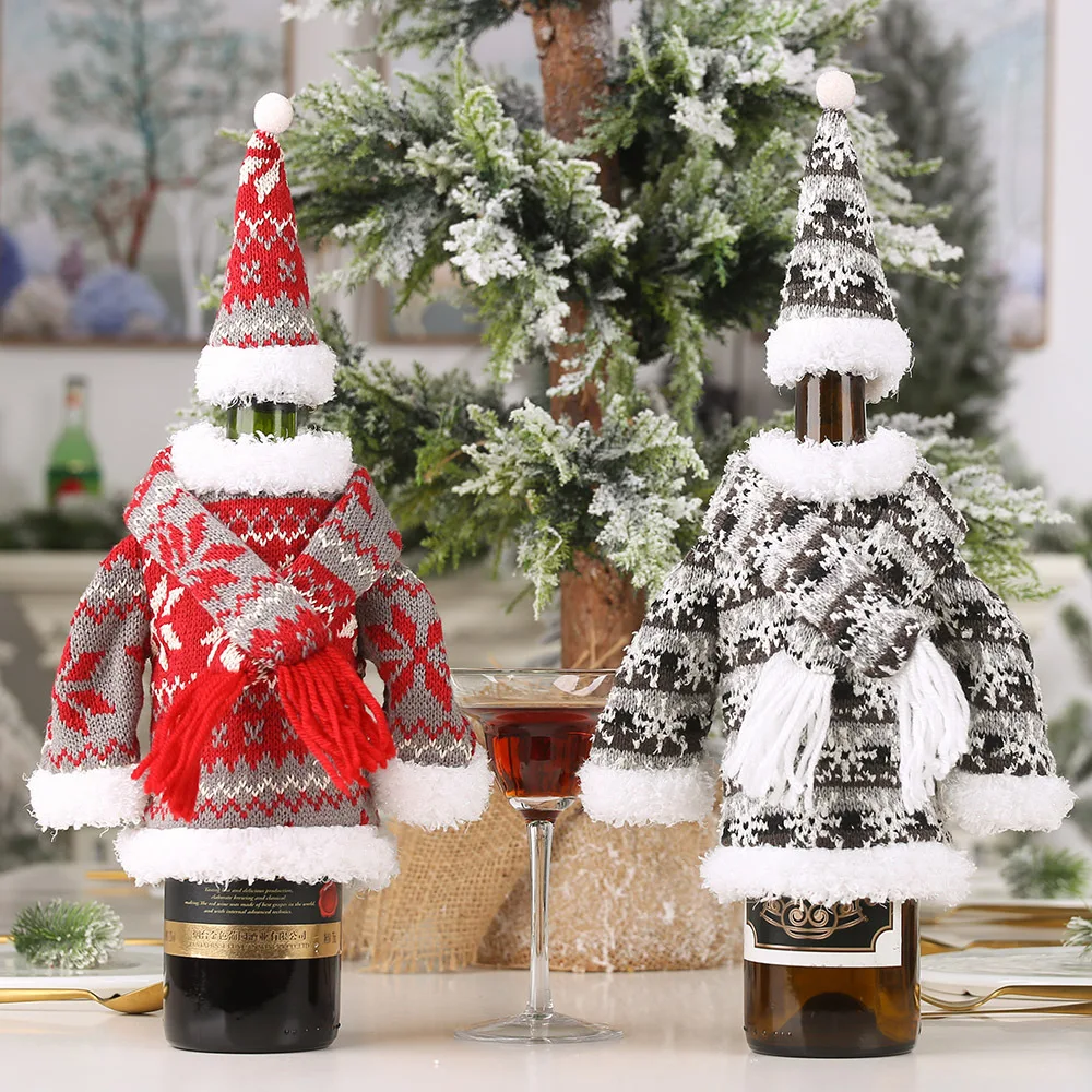 

Hot Sale Christmas Decoration Set Knitted Scarf Hooded Clothes Wine Bottle Set Party Restaurant Table Wine Bottle Bag DIY Cheap