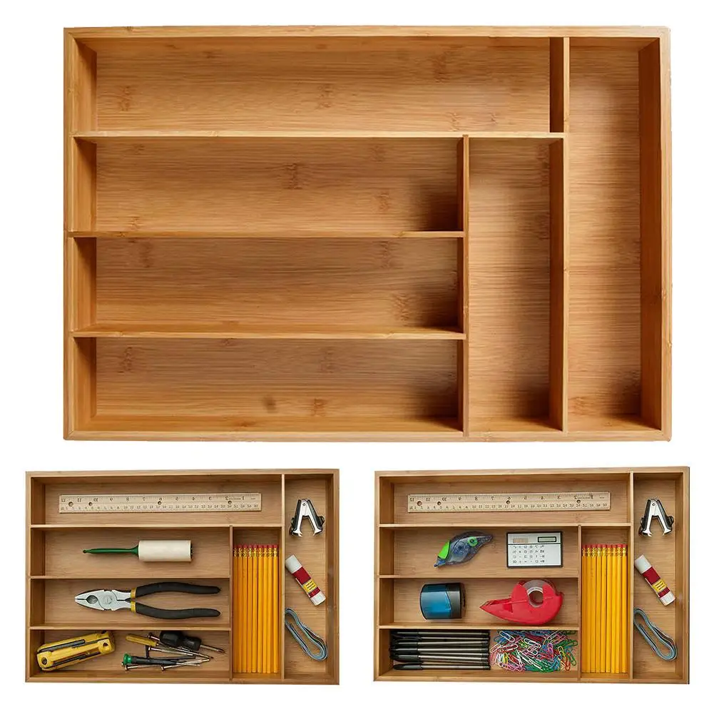 Bamboo Drawer Organizer Wooden Utensil Flatware Holder Kitchen Drawer Storage Box 6 Grid Cutlery Storage Box Household Organizer