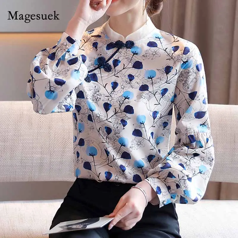 

Print Stand-up Collar Tops Pullover Floral Silk Shirt Autumn 2020 New Loose Vintage Buckle Long Sleeve Women Blouse Blusas 11133