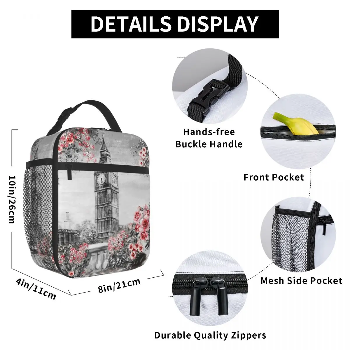 

Summer In London Lunch Bag for Women Men Large Insulated Lunch Box with Water Bottle Holder and Pockets