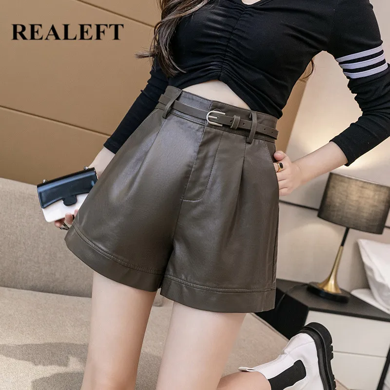 

REALEFT 2021 New PU Leather Shorts With Belt Winter Vintage High Waist Pockets Casual Wide Legged Women's Trousers Pants Female