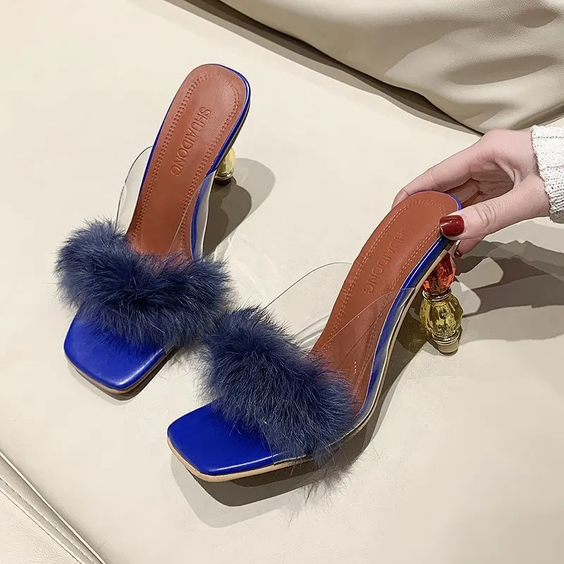 

Woman shoes Transparent Crystal High heels Woman Feather Fur Slippers Pumps Women Peep toe Mules Lady cute plush Slippers 2021